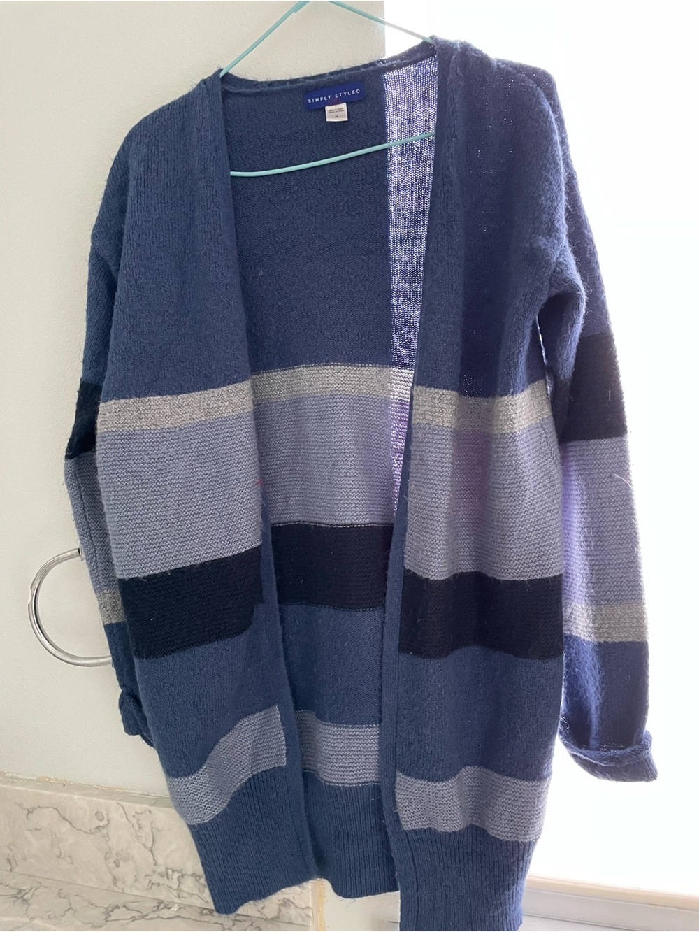 Simply Styled Open Cardigan with Navy and Gray Stripes